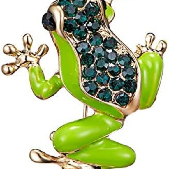 Gold plated green crystal frog brooch - Picture 7 of 13